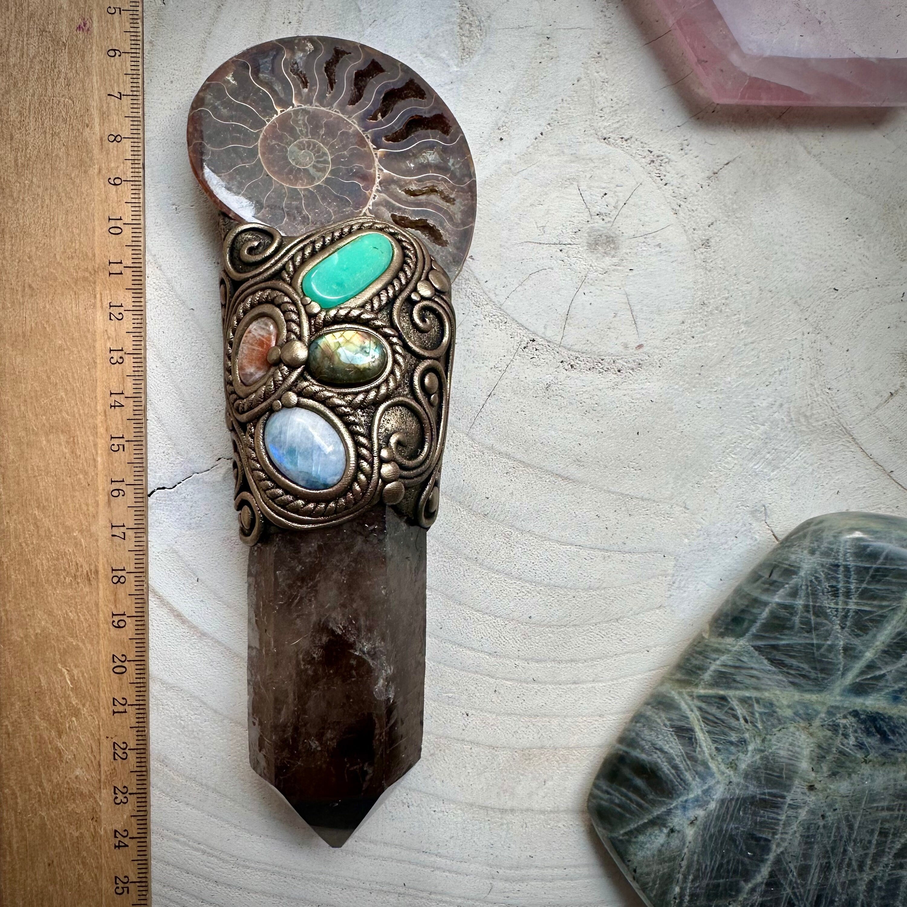 Large Ammonite Wand Smoky Quartz Labradorite Sunstone Moonstone Chrysoprase Wand - FairyGardenGlow