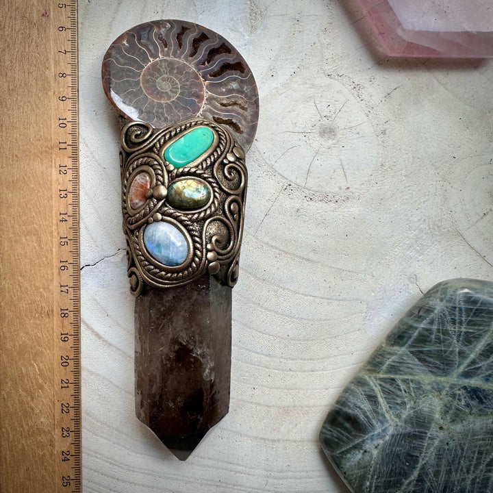 Large Ammonite Wand Smoky Quartz Labradorite Sunstone Moonstone Chrysoprase Wand - FairyGardenGlow