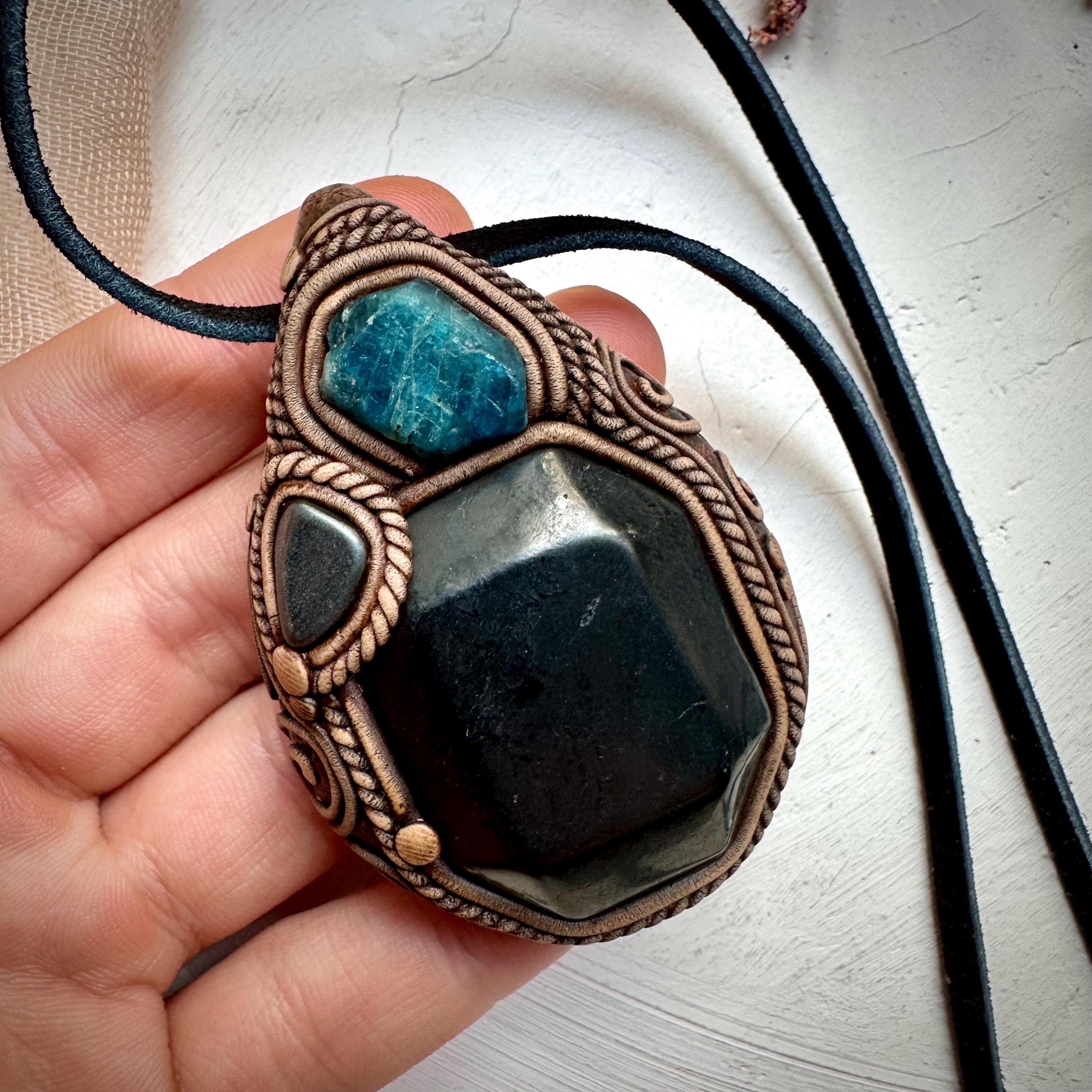 Shungite Blue Apatite and Hematite Necklace - FairyGardenGlow