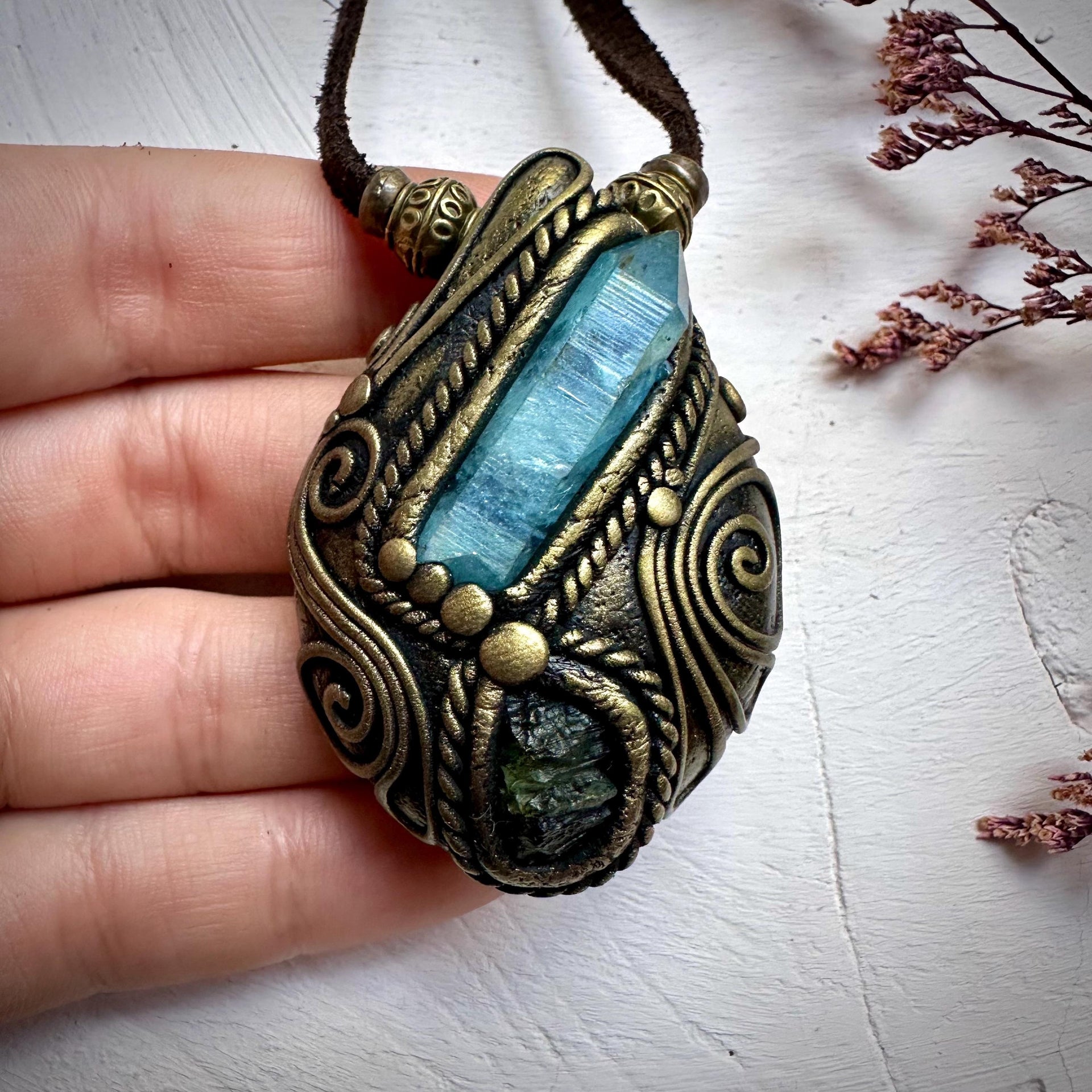 Aqua Aura Quartz and Moldavite Necklace