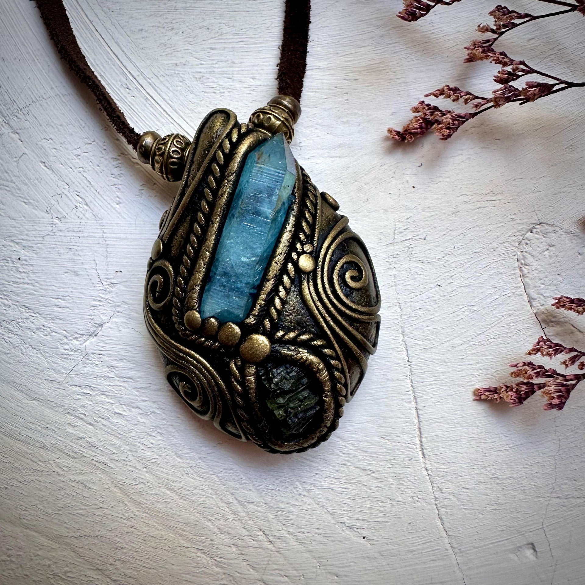 Aqua Aura Quartz and Moldavite Necklace