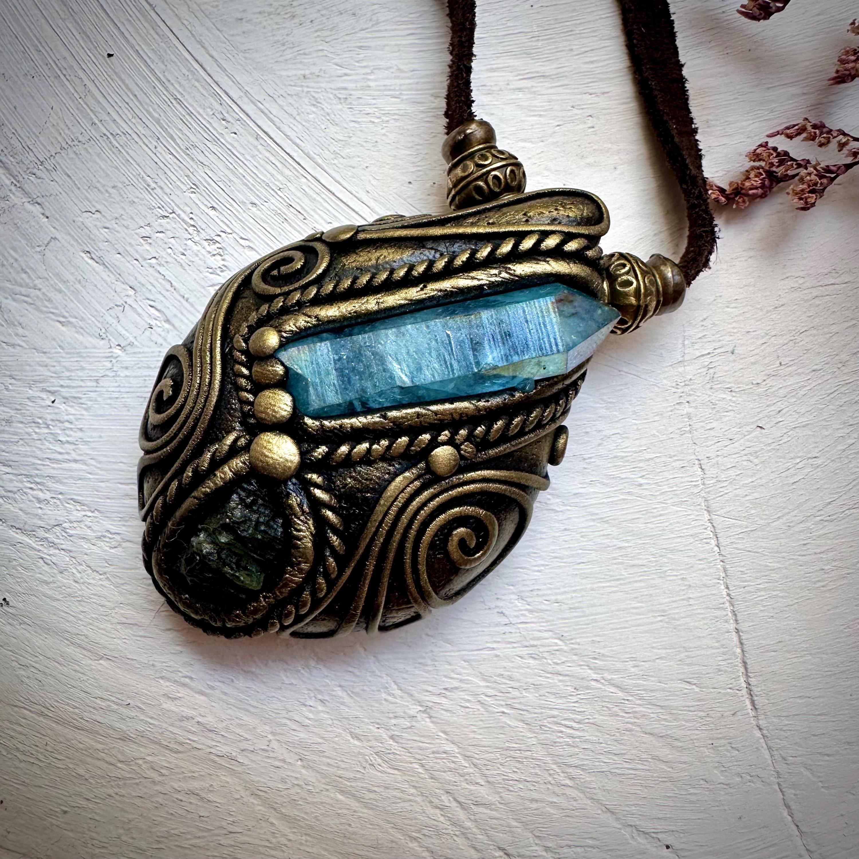 Aqua Aura Quartz and Moldavite Necklace - FairyGardenGlow