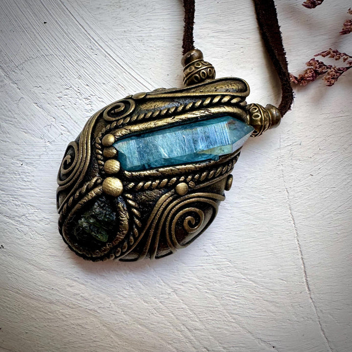 Aqua Aura Quartz and Moldavite Necklace - FairyGardenGlow