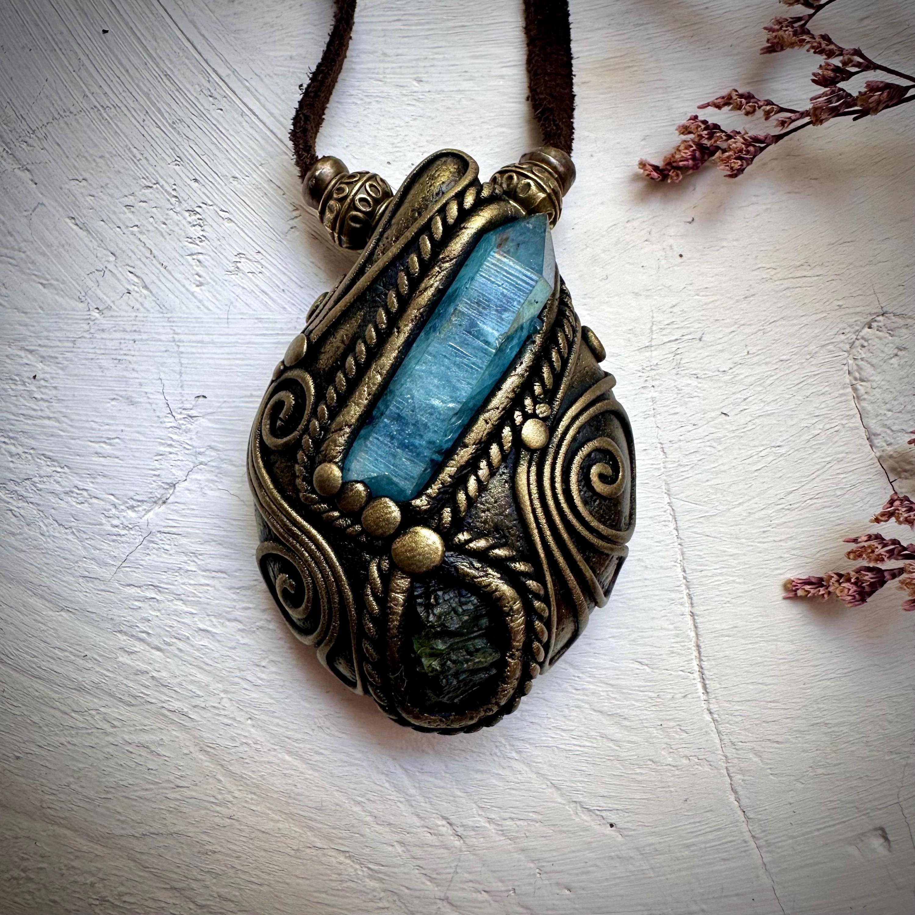 Aqua Aura Quartz and Moldavite Necklace - FairyGardenGlow