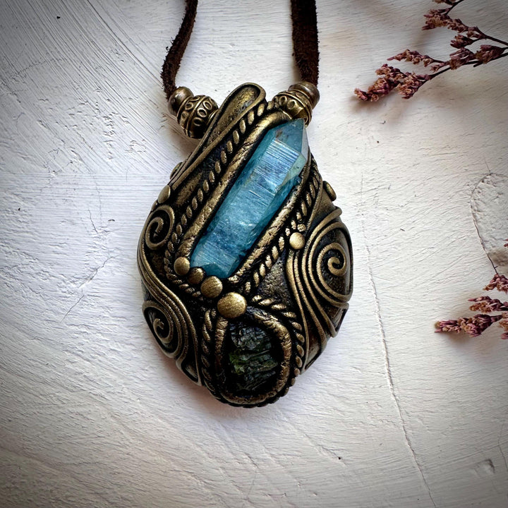 Aqua Aura Quartz and Moldavite Necklace - FairyGardenGlow