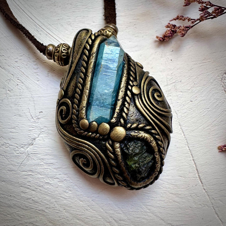 Aqua Aura Quartz and Moldavite Necklace - FairyGardenGlow