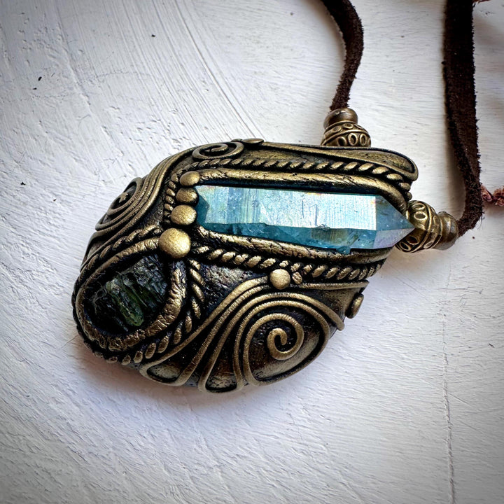 Aqua Aura Quartz and Moldavite Necklace - FairyGardenGlow