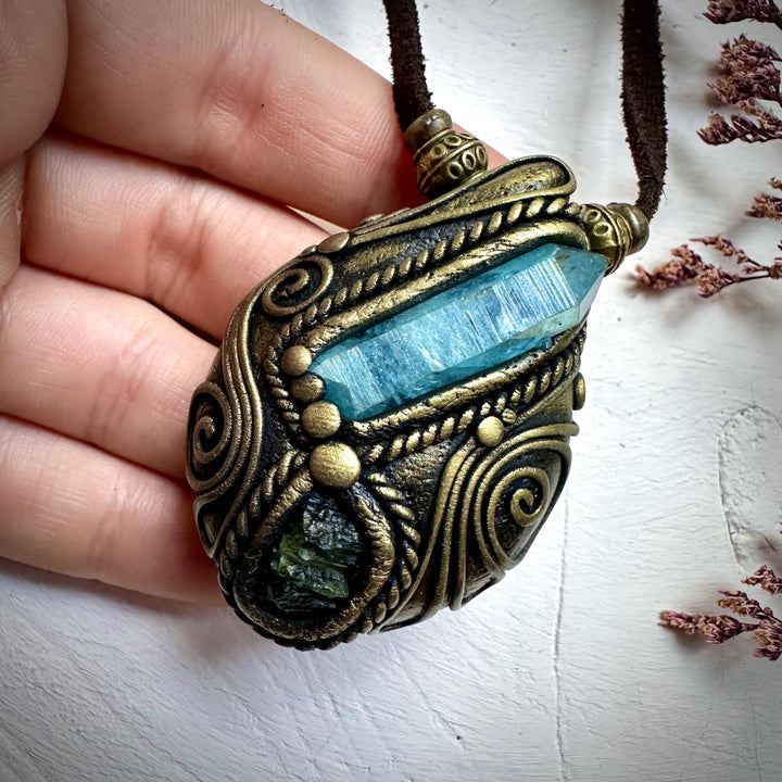 Aqua Aura Quartz and Moldavite Necklace - FairyGardenGlow