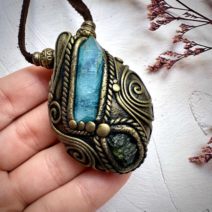 Aqua Aura Quartz and Moldavite Necklace - FairyGardenGlow