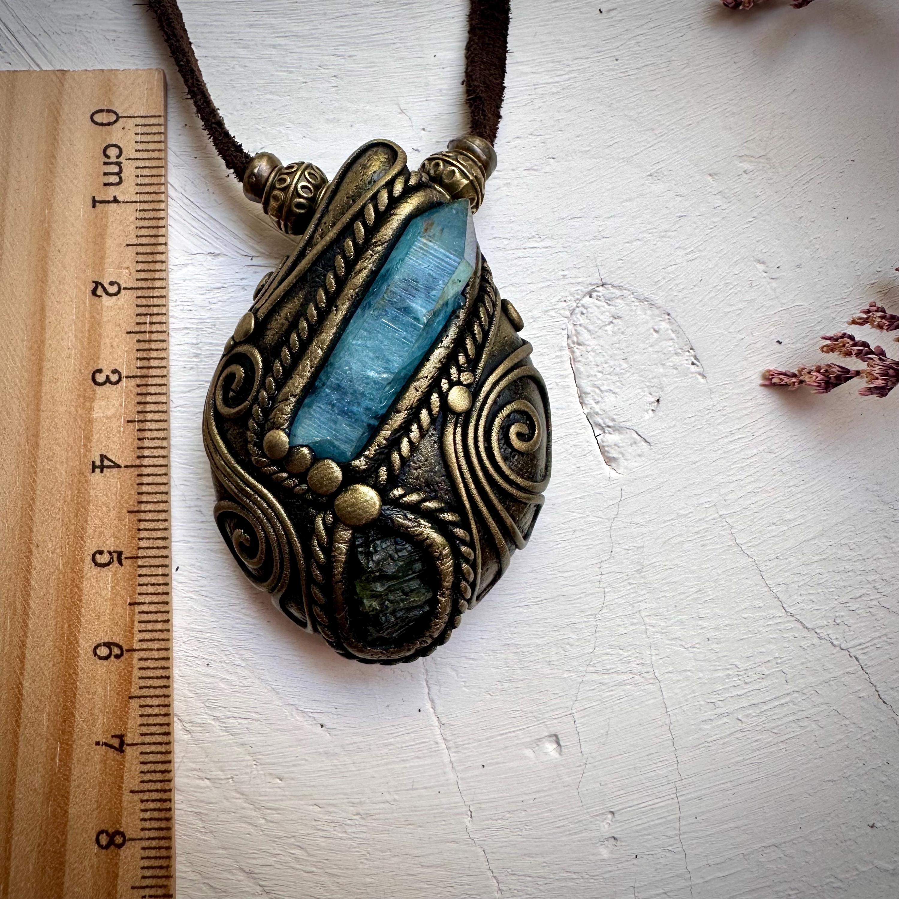 Aqua Aura Quartz and Moldavite Necklace - FairyGardenGlow