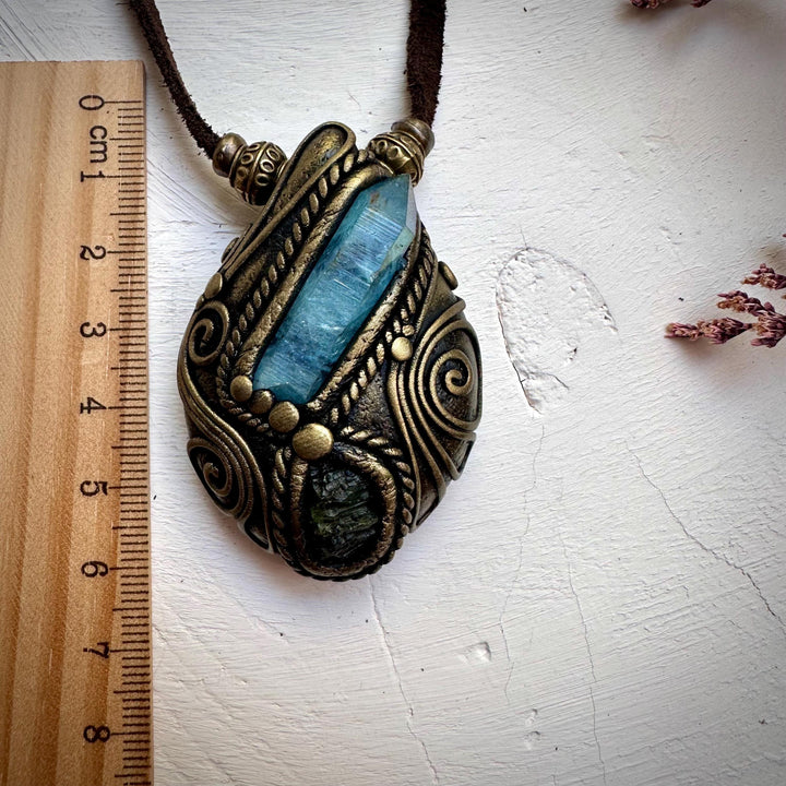 Aqua Aura Quartz and Moldavite Necklace - FairyGardenGlow