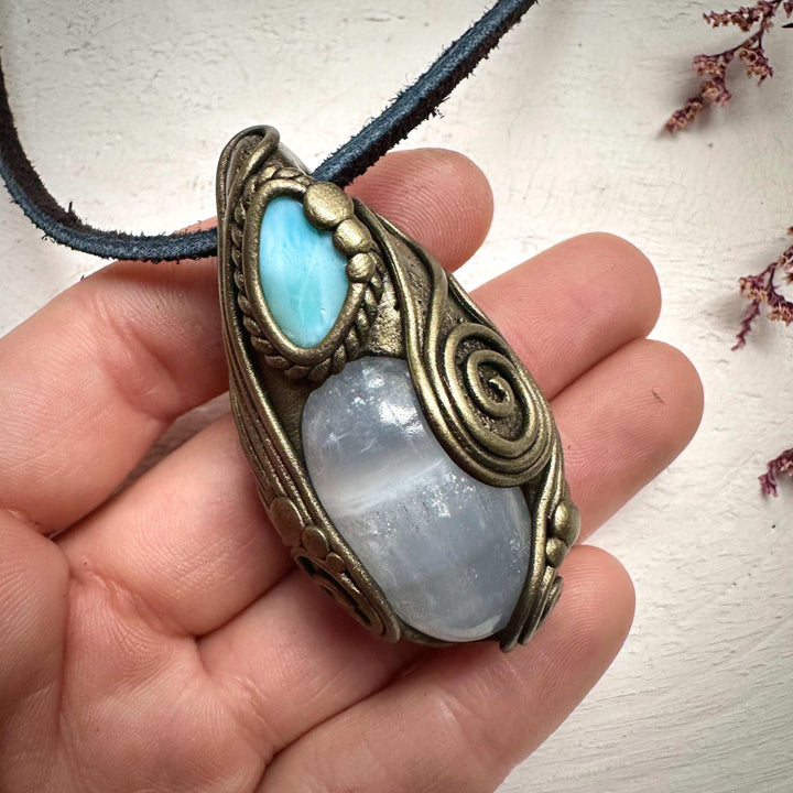 Mango Calcite and Larimar Necklace - FairyGardenGlow