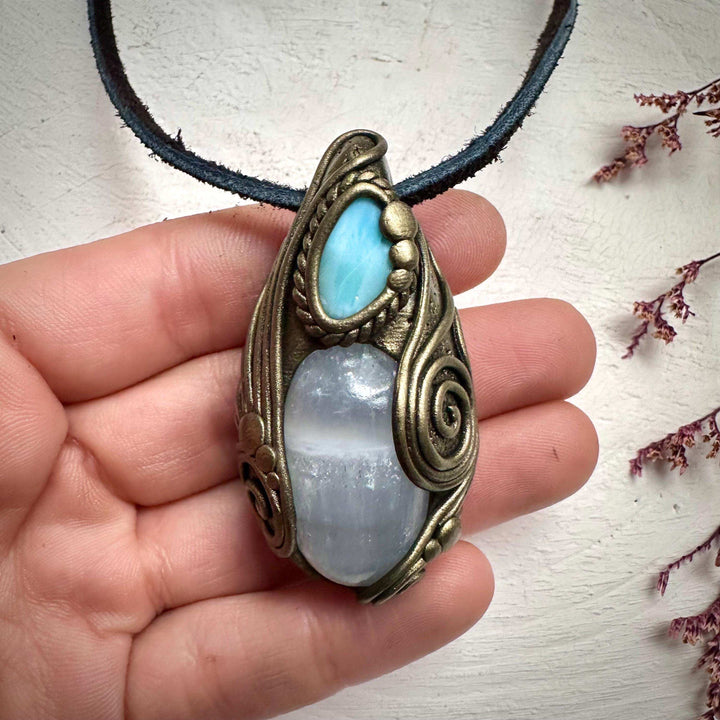Mango Calcite and Larimar Necklace - FairyGardenGlow