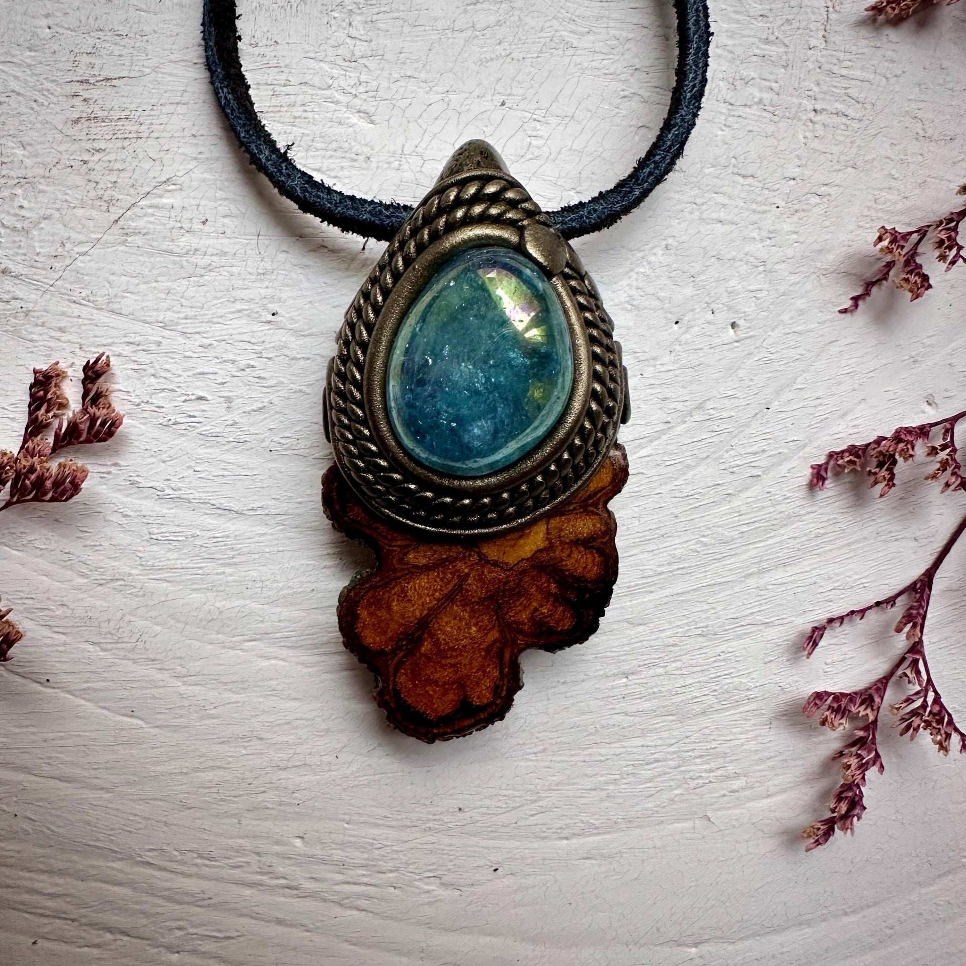 Ayahuasca Vine and Aqua Aura Quartz Necklace - FairyGardenGlow