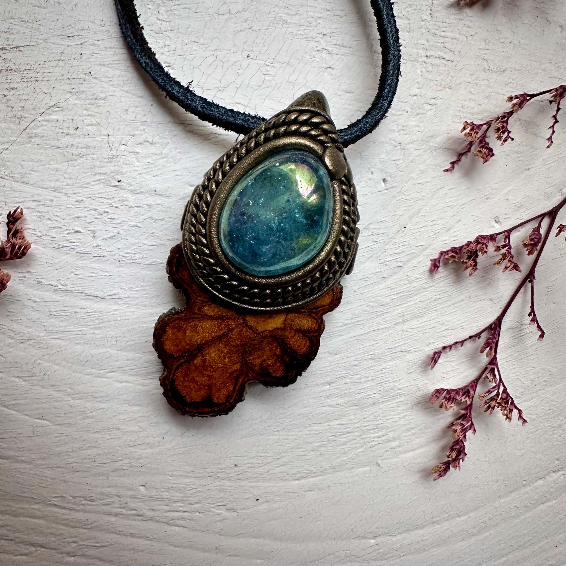 Ayahuasca Vine and Aqua Aura Quartz Necklace - FairyGardenGlow