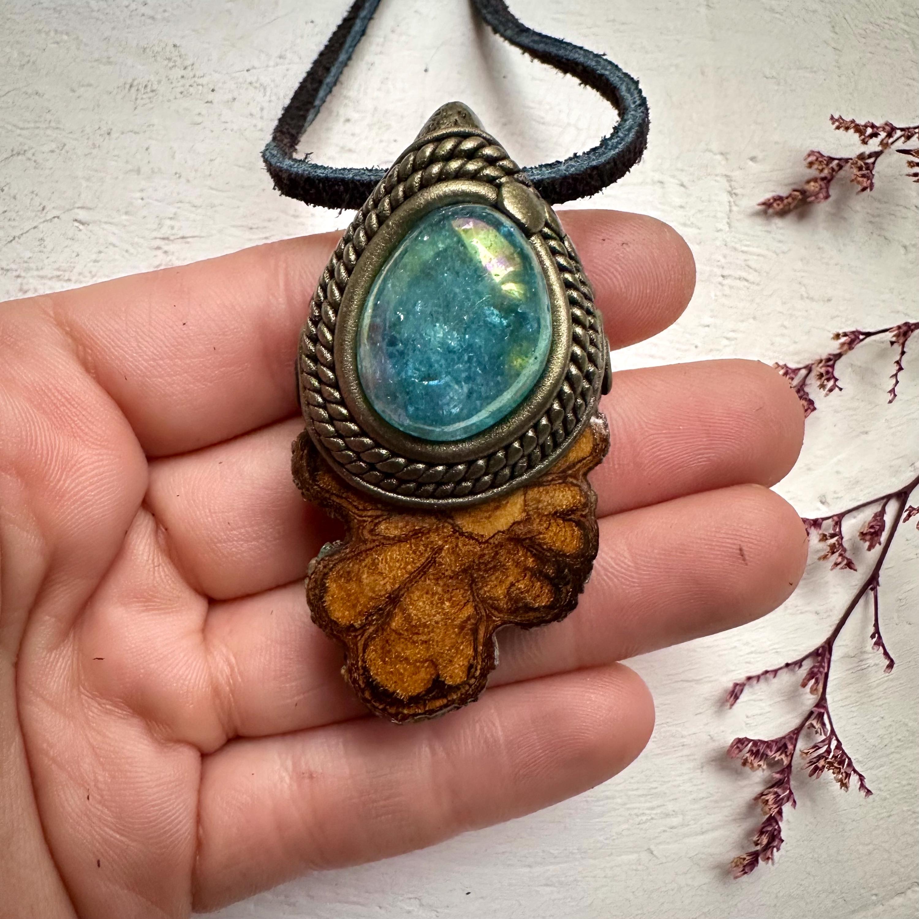 Ayahuasca Vine and Aqua Aura Quartz Necklace - FairyGardenGlow