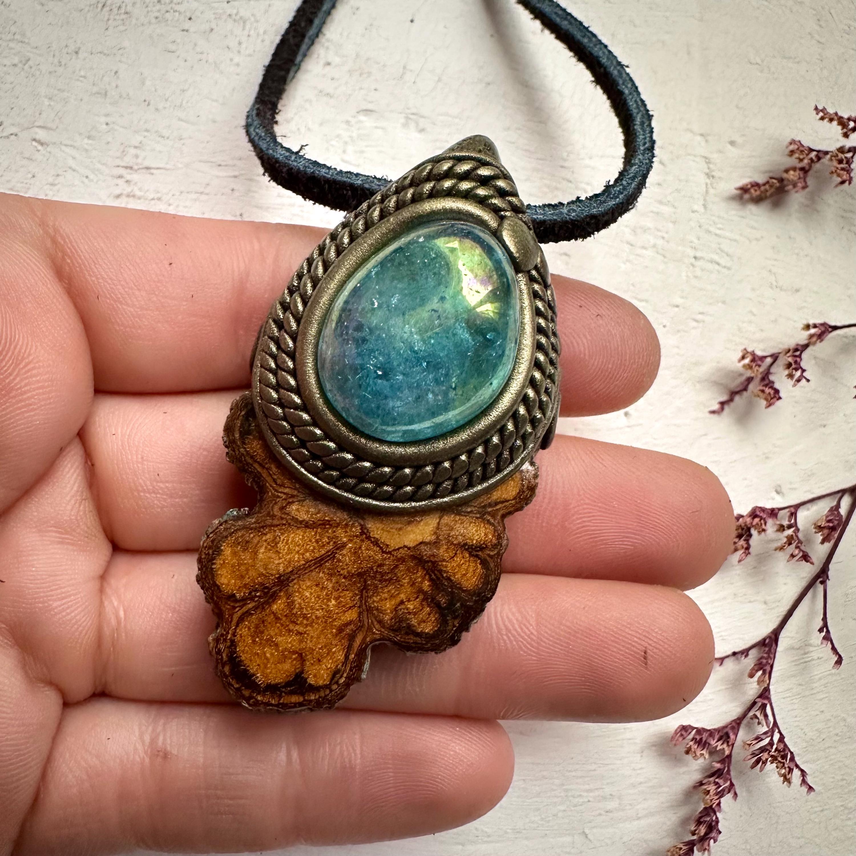 Ayahuasca Vine and Aqua Aura Quartz Necklace - FairyGardenGlow
