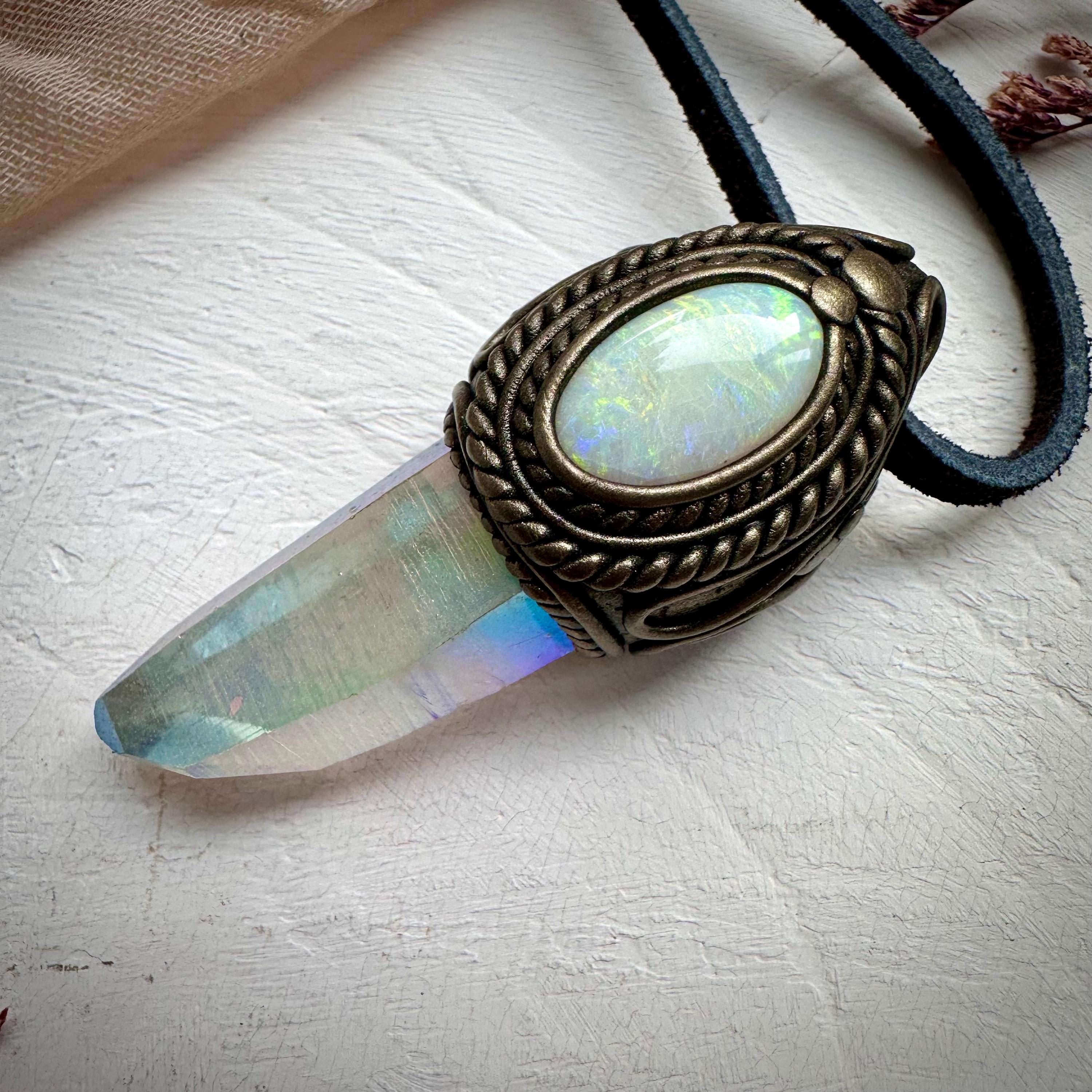Angel Aura Quartz and Australian Opal Necklace - FairyGardenGlow