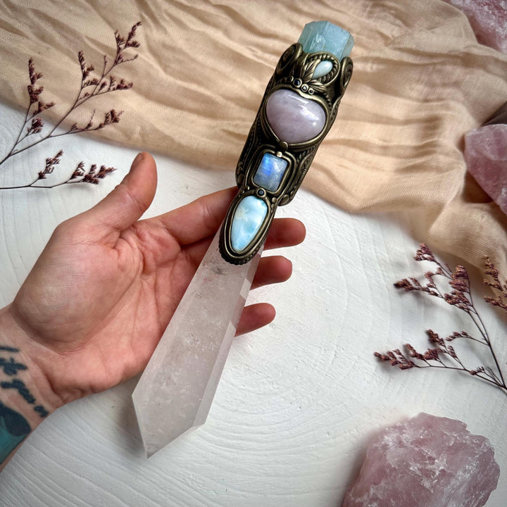 XL Clear Quartz Point with Raw Aquamarine Rose Quartz Heart Australian Opal Rainbow Moonstone and Blue Sapphire Wand - FairyGardenGlow