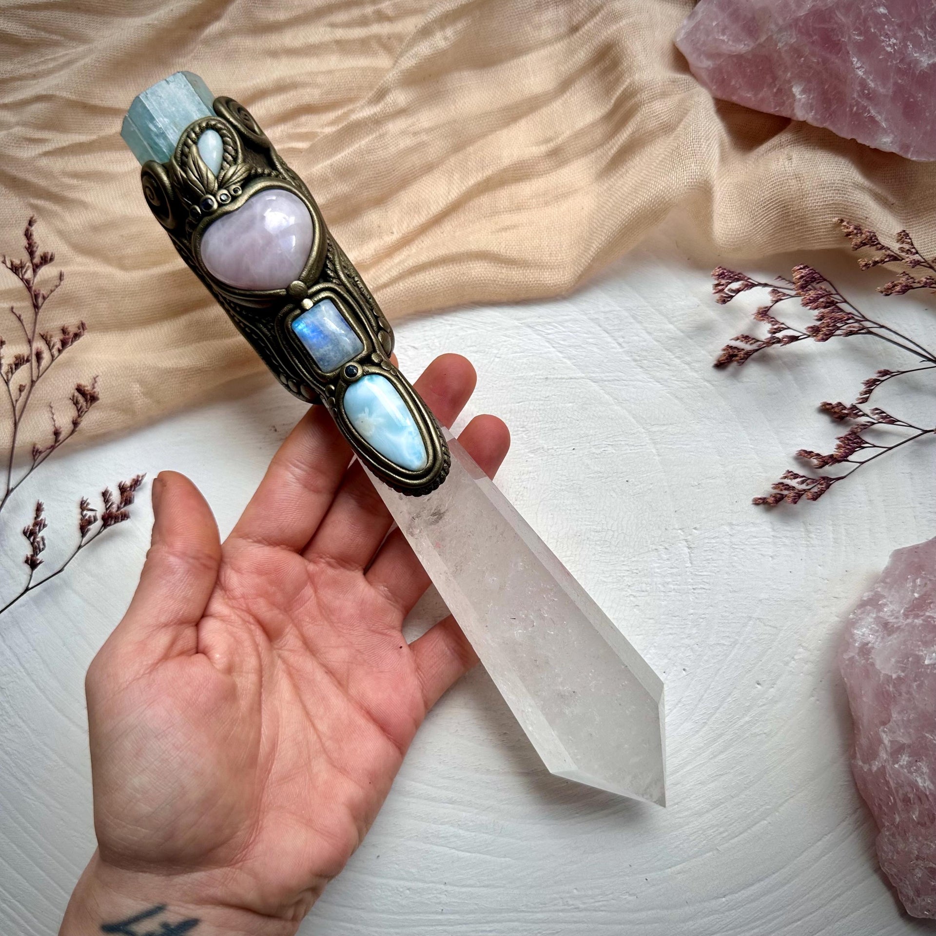 XL Clear Quartz Point with Raw Aquamarine Rose Quartz Heart Australian Opal Rainbow Moonstone and Blue Sapphire Wand - FairyGardenGlow