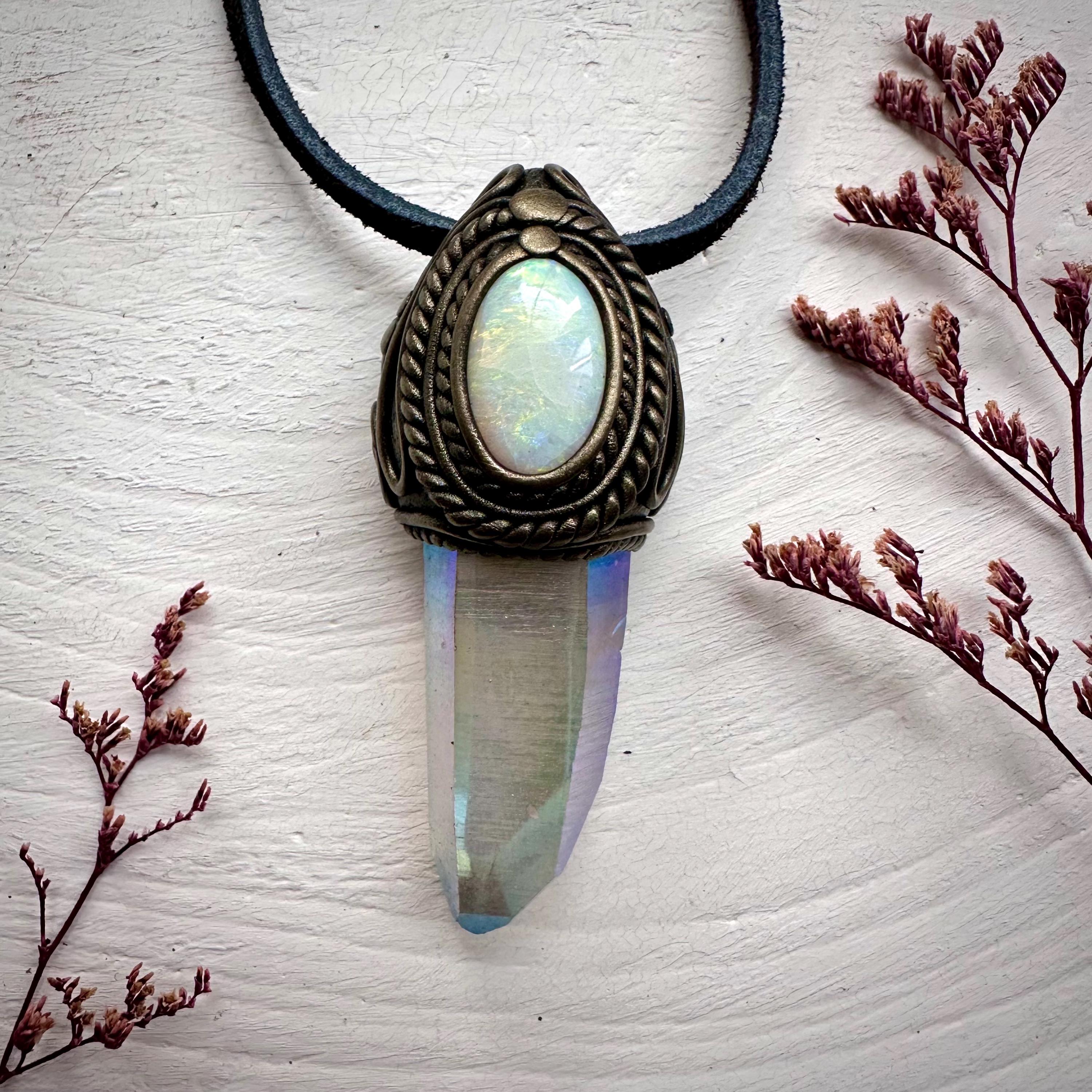 Angel Aura Quartz and Australian Opal Necklace - FairyGardenGlow