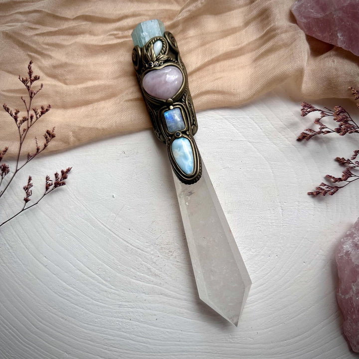 XL Clear Quartz Point with Raw Aquamarine Rose Quartz Heart Australian Opal Rainbow Moonstone and Blue Sapphire Wand - FairyGardenGlow