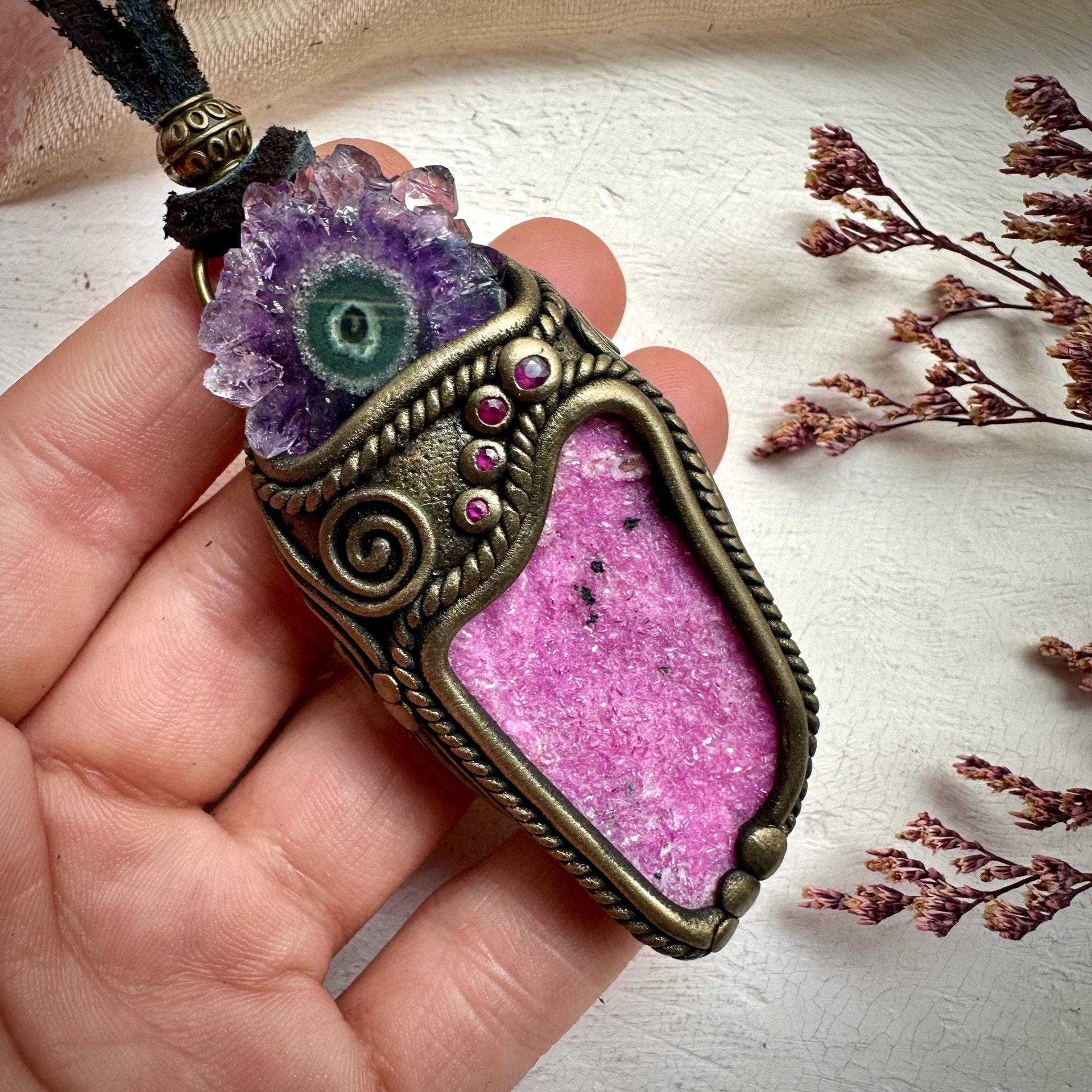 Cobalto Calcite Amethyst Stalactite and Ruby Necklace - FairyGardenGlow