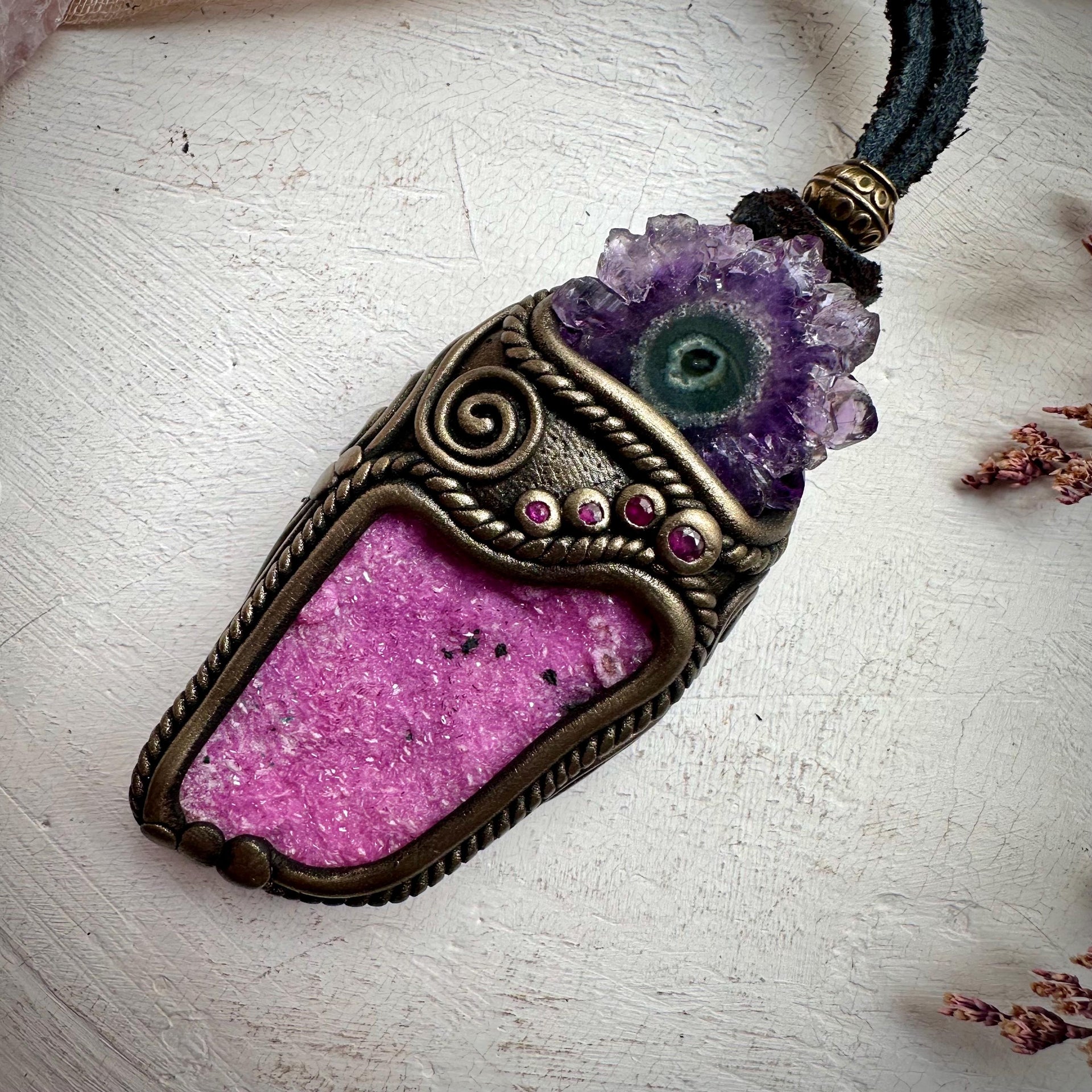 Cobalto Calcite Amethyst Stalactite and Ruby Necklace - FairyGardenGlow