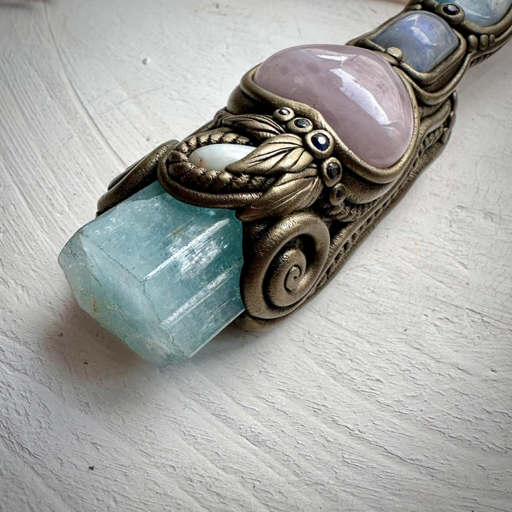 XL Clear Quartz Point with Raw Aquamarine Rose Quartz Heart Australian Opal Rainbow Moonstone and Blue Sapphire Wand - FairyGardenGlow