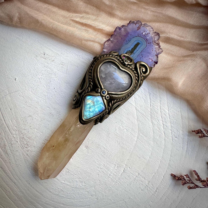 Kundalini Citrine Amethyst Stalactite Rose Quartz Heart Rainbow Moonstone Mystic Topaz Blue Sapphire Wand - FairyGardenGlow