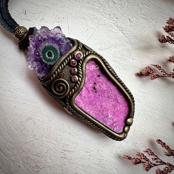 Cobalto Calcite Amethyst Stalactite and Ruby Necklace - FairyGardenGlow