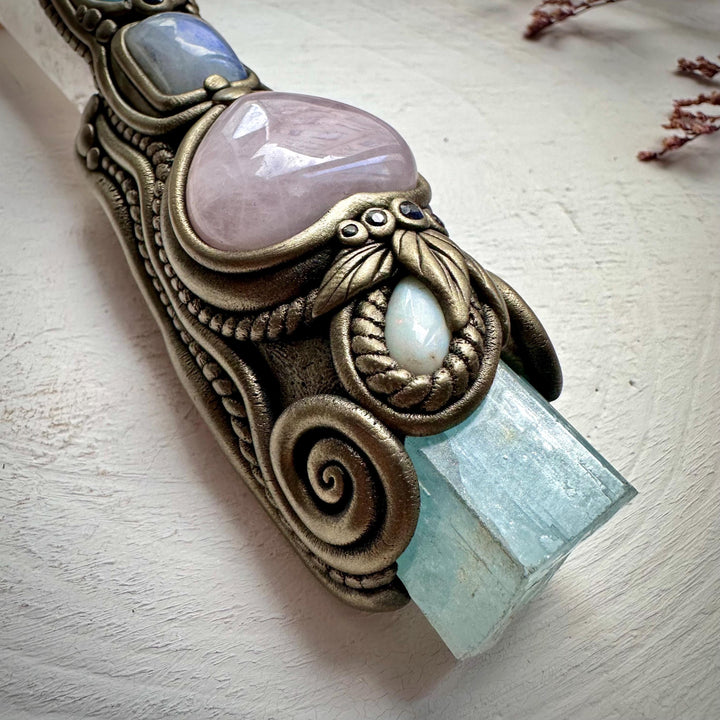 XL Clear Quartz Point with Raw Aquamarine Rose Quartz Heart Australian Opal Rainbow Moonstone and Blue Sapphire Wand - FairyGardenGlow