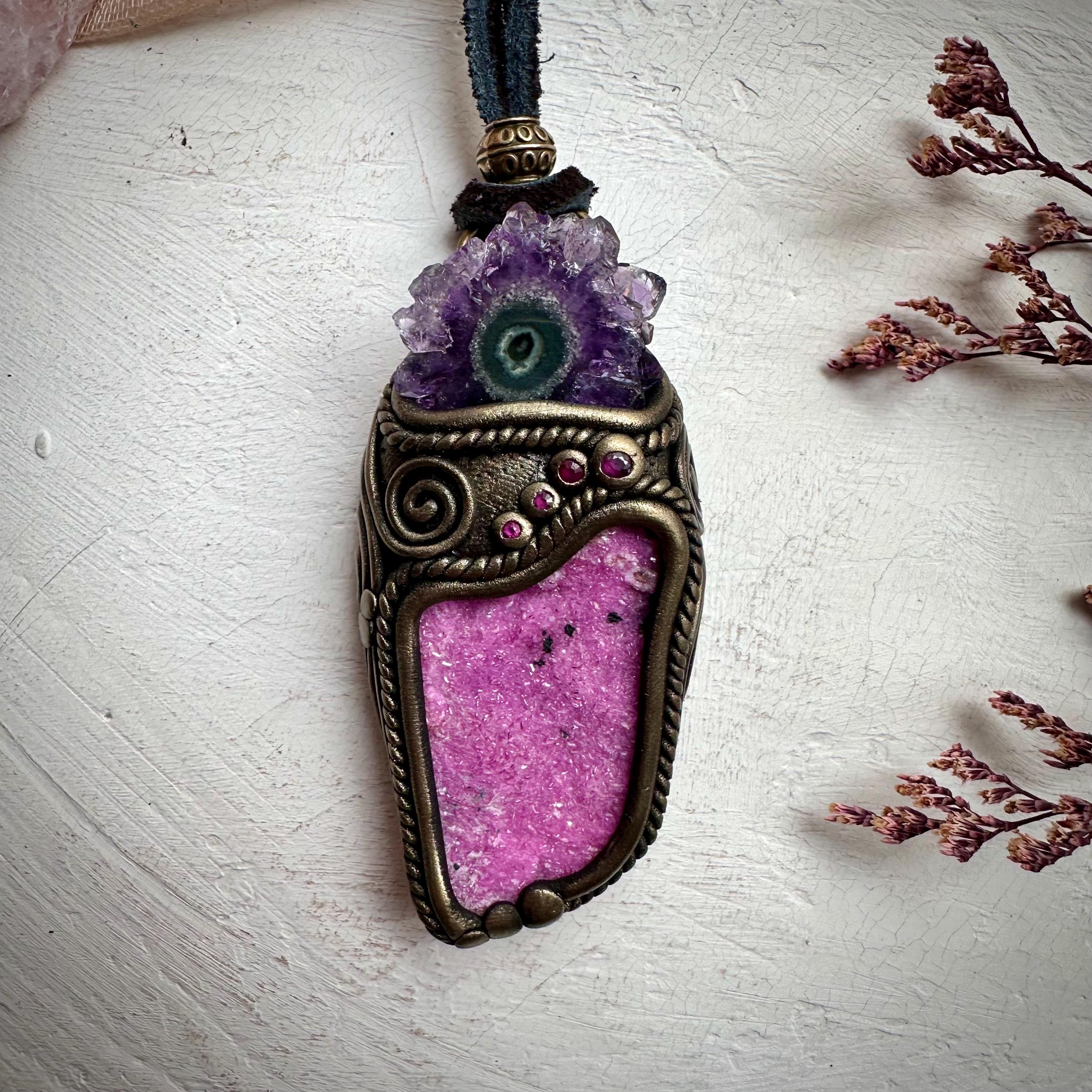Cobalto Calcite Amethyst Stalactite and Ruby Necklace - FairyGardenGlow