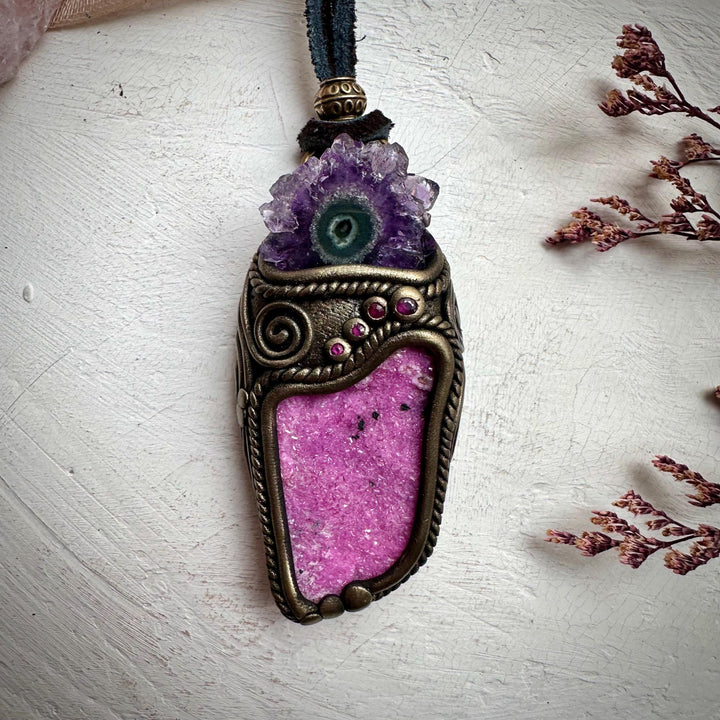 Cobalto Calcite Amethyst Stalactite and Ruby Necklace - FairyGardenGlow