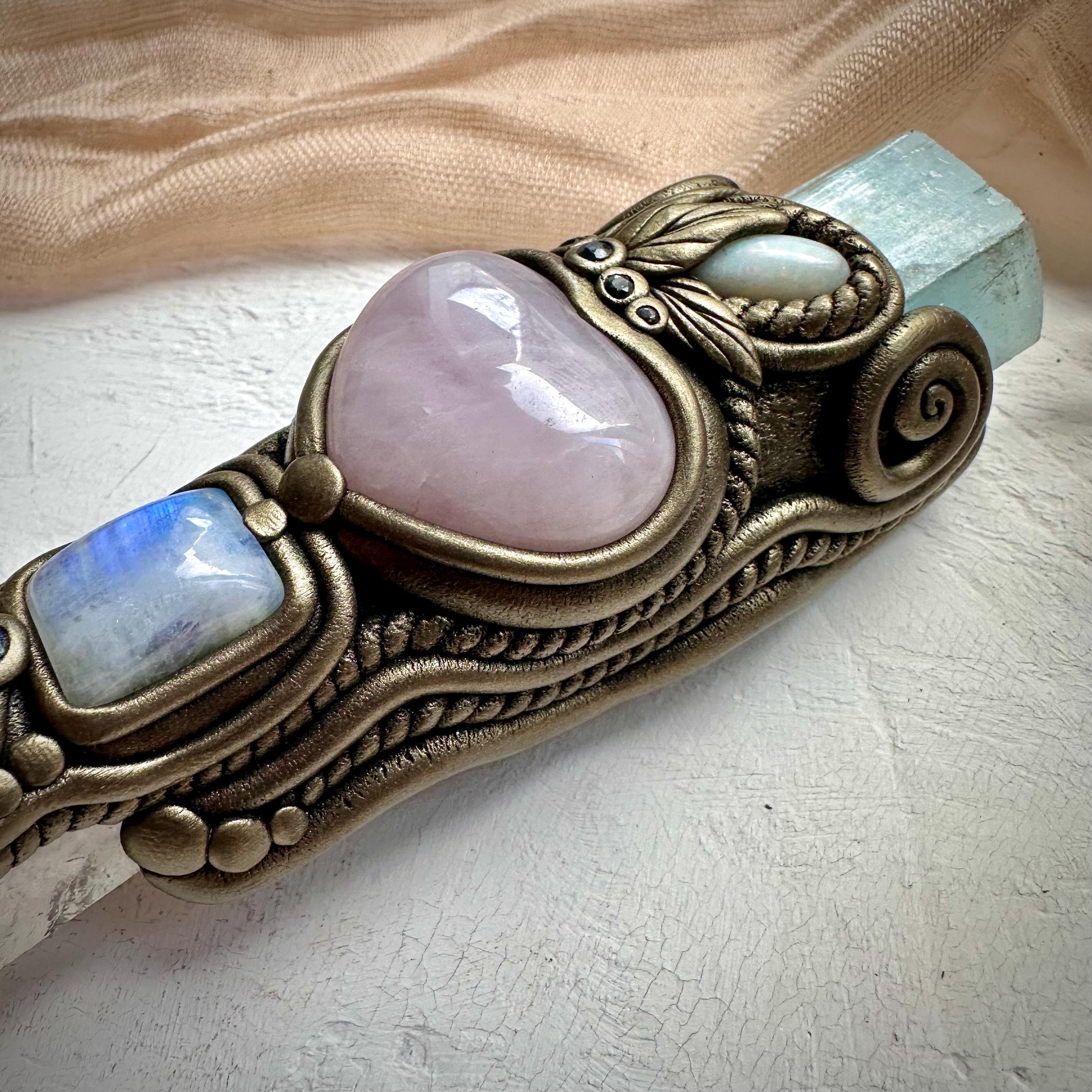 XL Clear Quartz Point with Raw Aquamarine Rose Quartz Heart Australian Opal Rainbow Moonstone and Blue Sapphire Wand - FairyGardenGlow