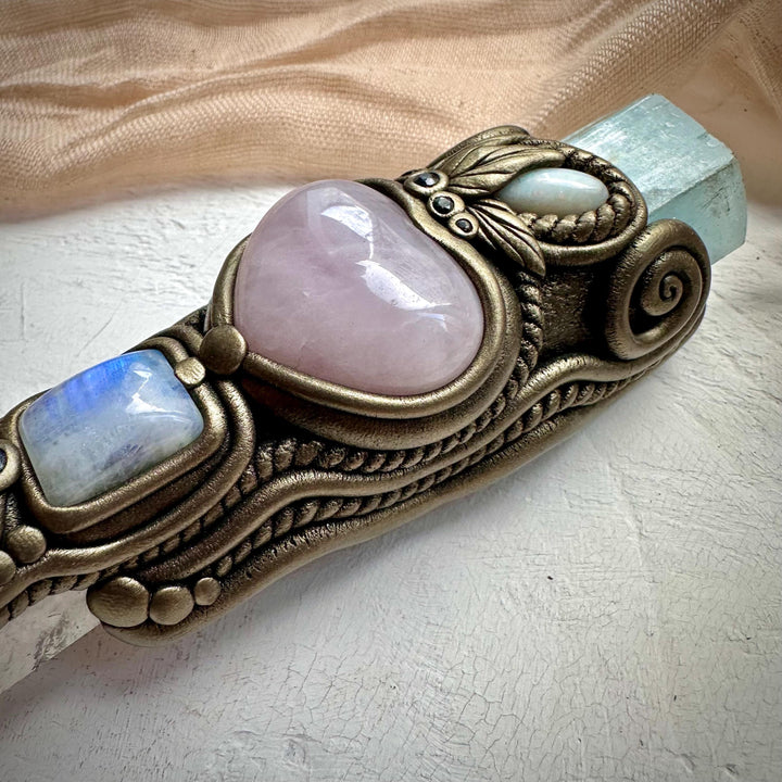 XL Clear Quartz Point with Raw Aquamarine Rose Quartz Heart Australian Opal Rainbow Moonstone and Blue Sapphire Wand - FairyGardenGlow