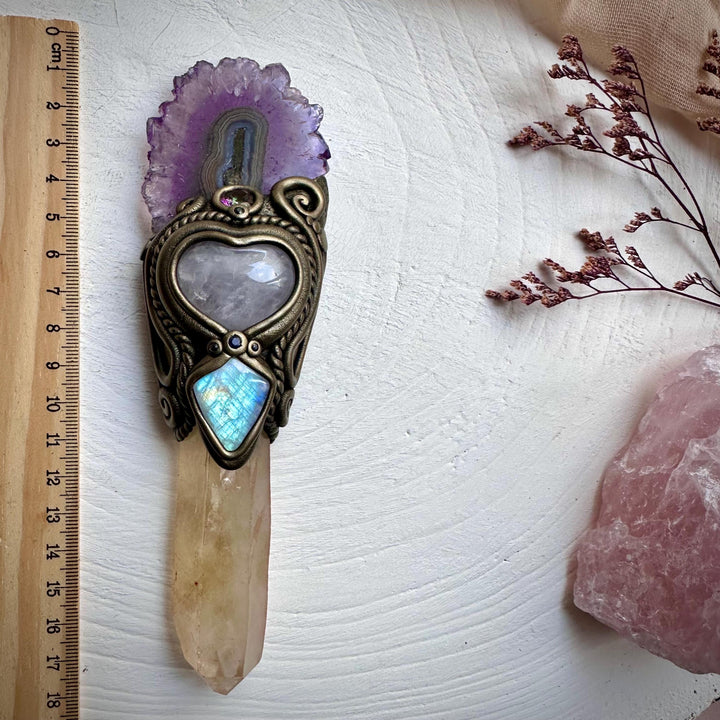 Kundalini Citrine Amethyst Stalactite Rose Quartz Heart Rainbow Moonstone Mystic Topaz Blue Sapphire Wand - FairyGardenGlow