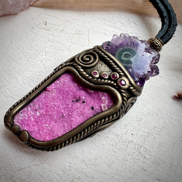 Cobalto Calcite Amethyst Stalactite and Ruby Necklace - FairyGardenGlow