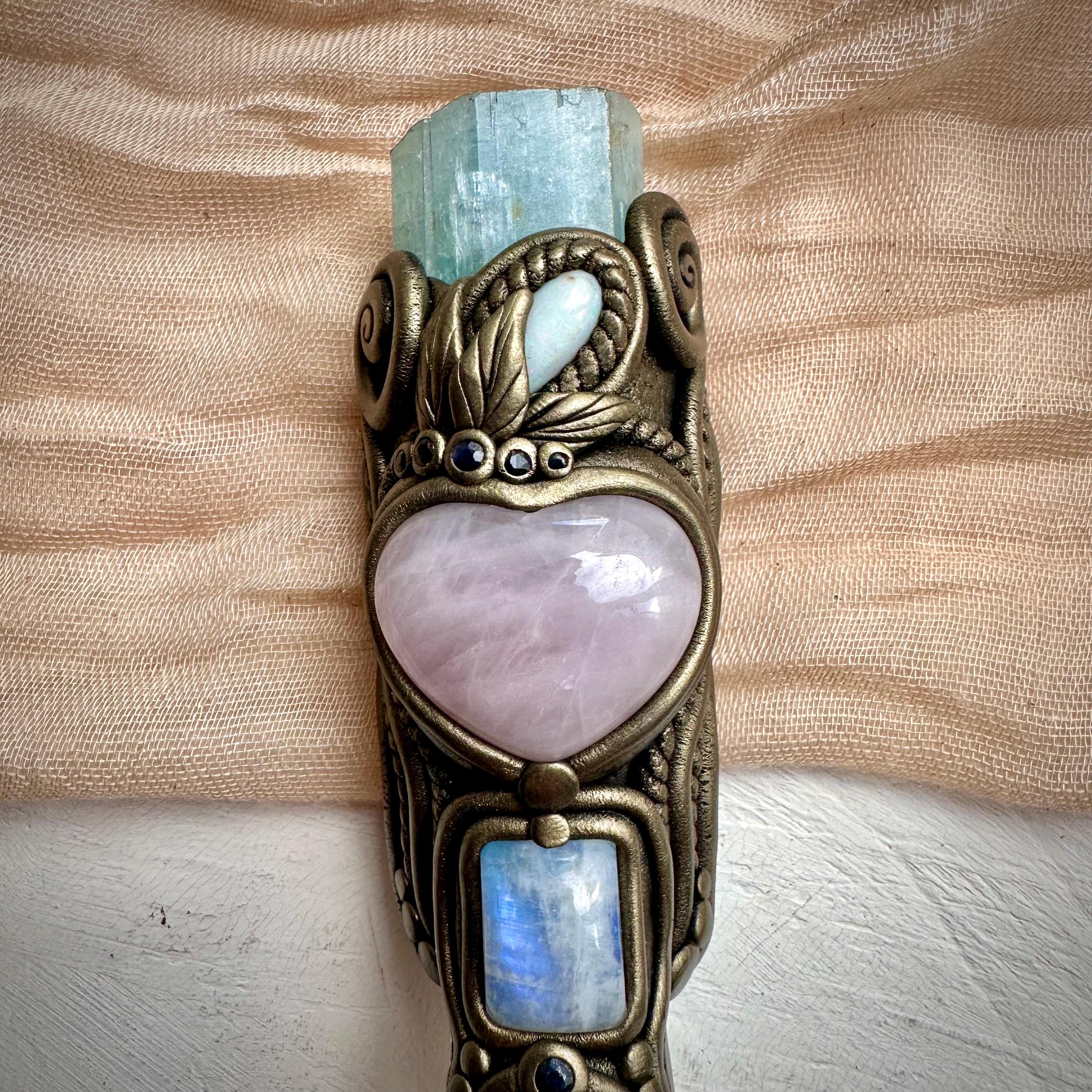 XL Clear Quartz Point with Raw Aquamarine Rose Quartz Heart Australian Opal Rainbow Moonstone and Blue Sapphire Wand - FairyGardenGlow