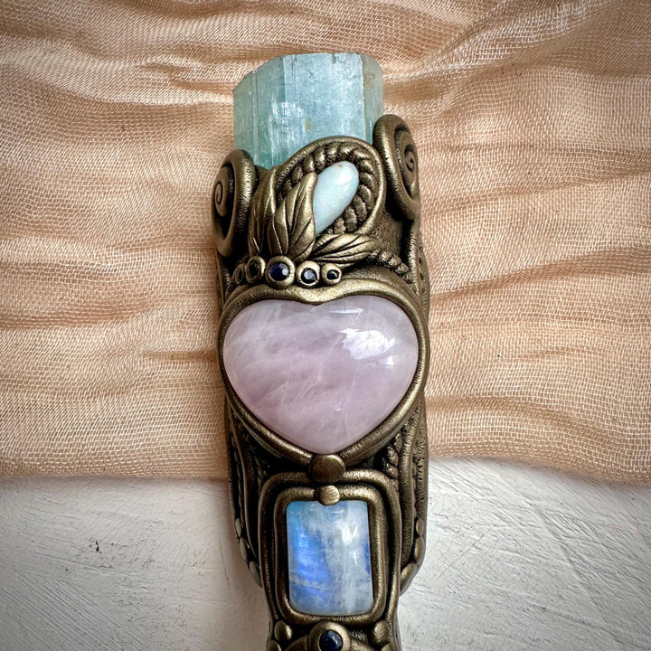 XL Clear Quartz Point with Raw Aquamarine Rose Quartz Heart Australian Opal Rainbow Moonstone and Blue Sapphire Wand - FairyGardenGlow