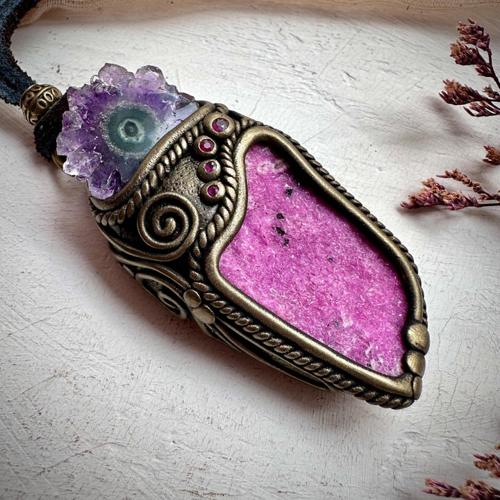 Cobalto Calcite Amethyst Stalactite and Ruby Necklace - FairyGardenGlow