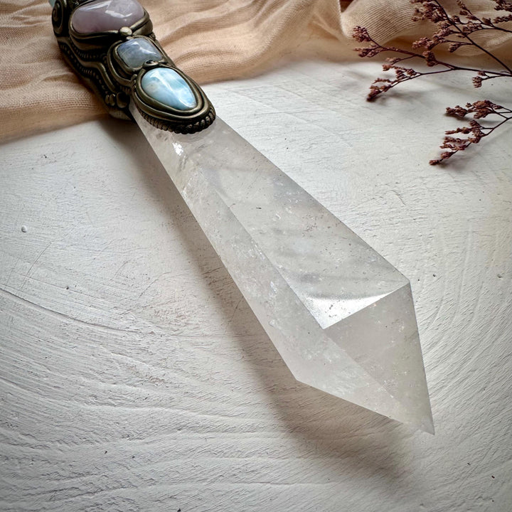 XL Clear Quartz Point with Raw Aquamarine Rose Quartz Heart Australian Opal Rainbow Moonstone and Blue Sapphire Wand - FairyGardenGlow