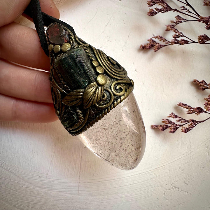 Light Smoky Quartz Green Tourmaline Red Garnet and Moldavite Pendant Necklace - FairyGardenGlow