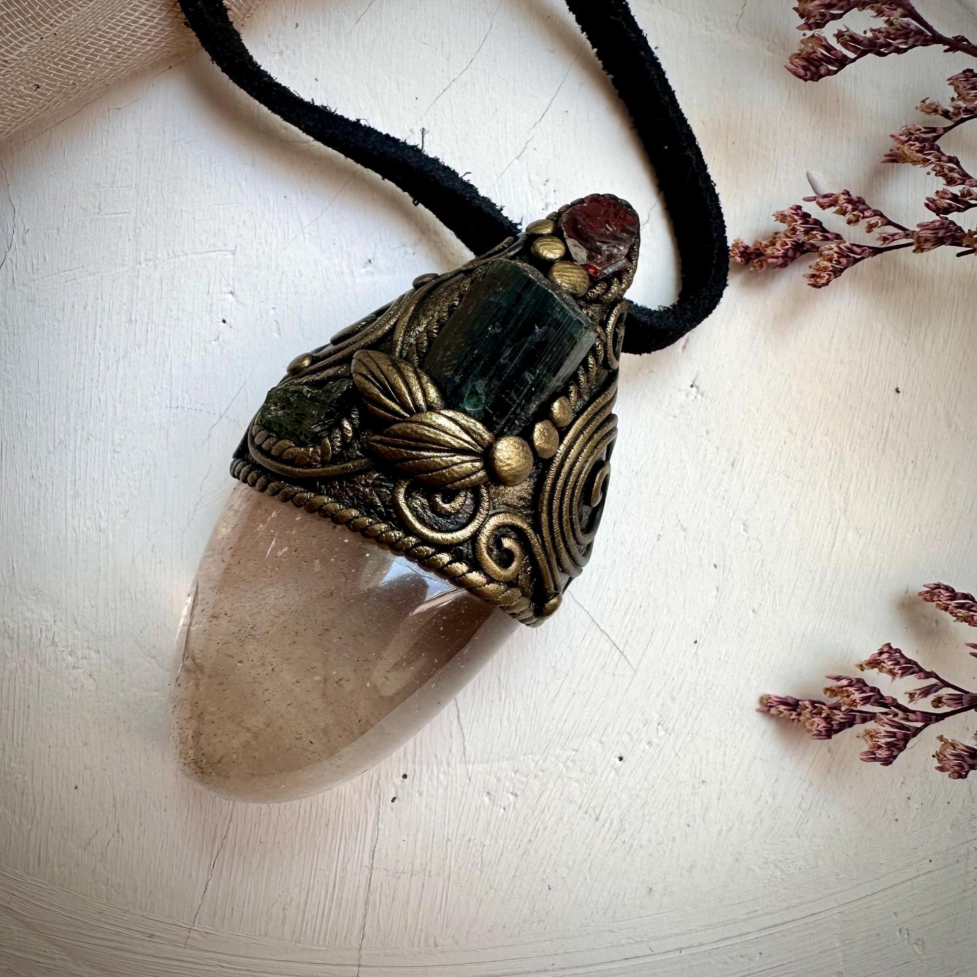 Light Smoky Quartz Green Tourmaline Red Garnet and Moldavite Pendant Necklace - FairyGardenGlow