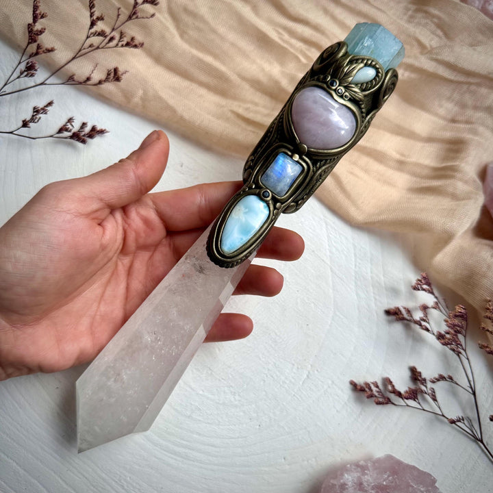 XL Clear Quartz Point with Raw Aquamarine Rose Quartz Heart Australian Opal Rainbow Moonstone and Blue Sapphire Wand - FairyGardenGlow