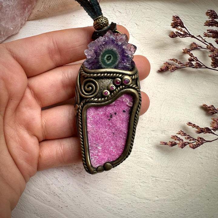 Cobalto Calcite Amethyst Stalactite and Ruby Necklace - FairyGardenGlow