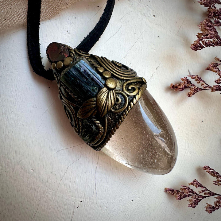 Light Smoky Quartz Green Tourmaline Red Garnet and Moldavite Pendant Necklace - FairyGardenGlow