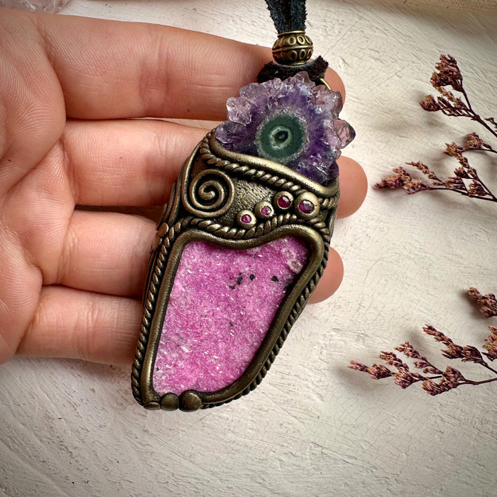 Cobalto Calcite Amethyst Stalactite and Ruby Necklace - FairyGardenGlow