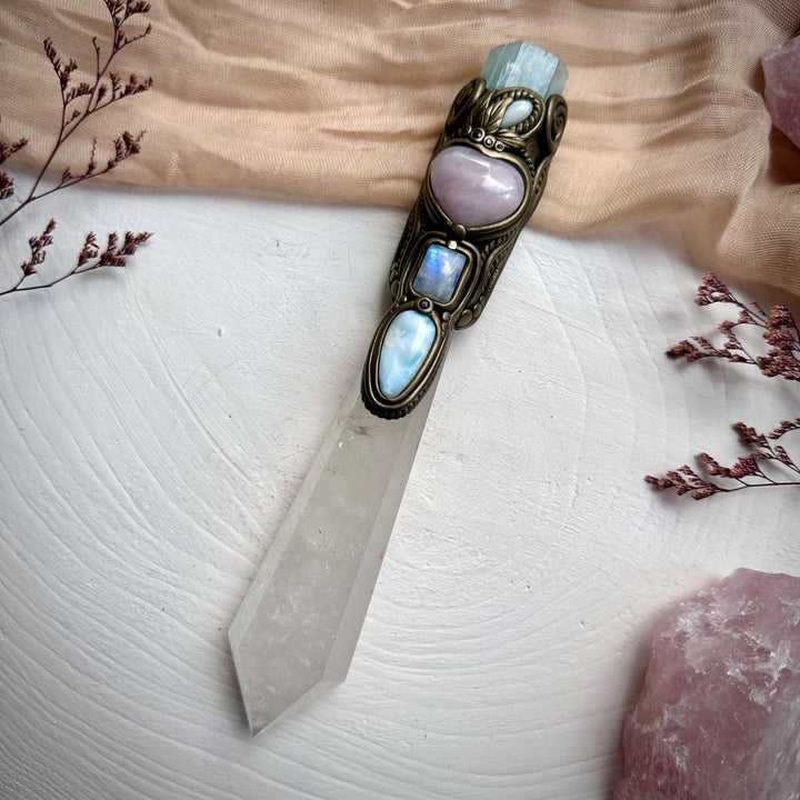 XL Clear Quartz Point with Raw Aquamarine Rose Quartz Heart Australian Opal Rainbow Moonstone and Blue Sapphire Wand - FairyGardenGlow
