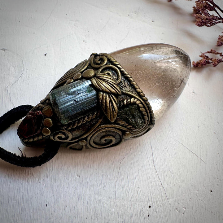 Light Smoky Quartz Green Tourmaline Red Garnet and Moldavite Pendant Necklace - FairyGardenGlow